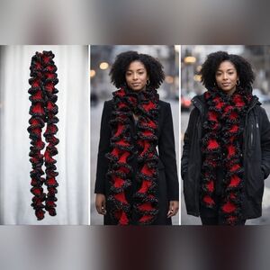 Handmade Red & Black Ruffle Scarf — Extended Length Statement Wrap (100”)